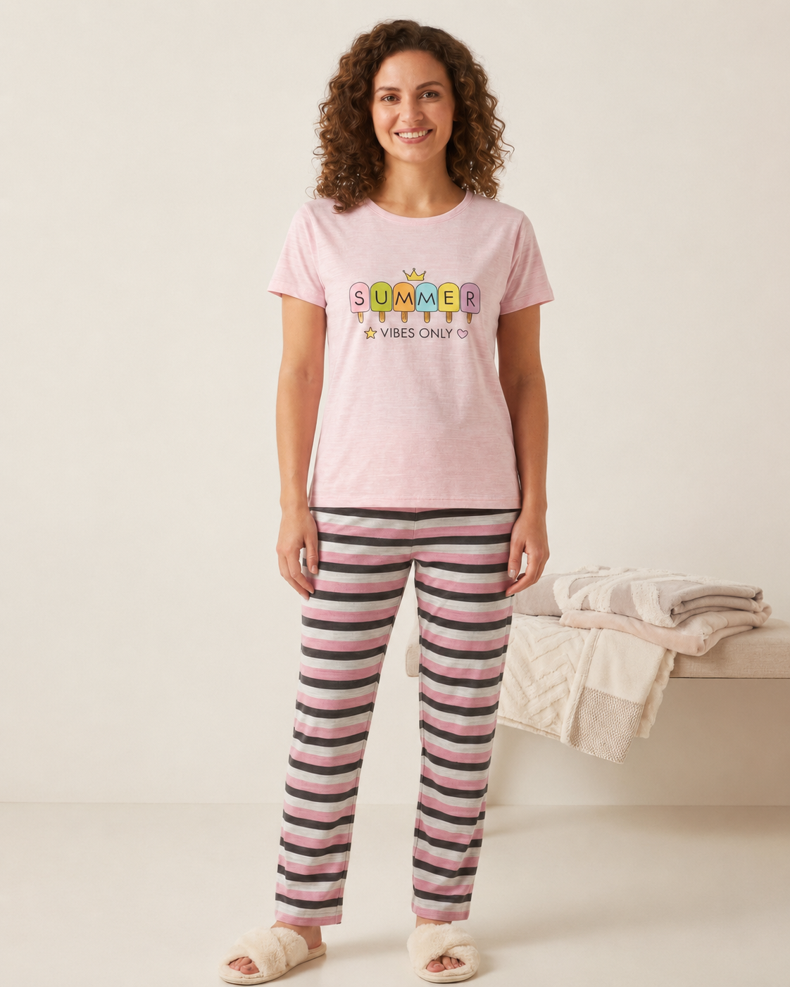 INUNDER Blended Fabric Graphic Stripe 2-Piece PJ Set