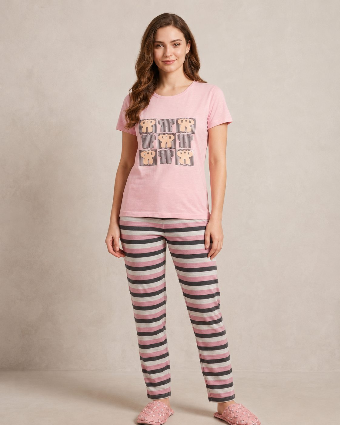 INUNDER Blended Fabric Graphic Stripe 2-Piece PJ Set