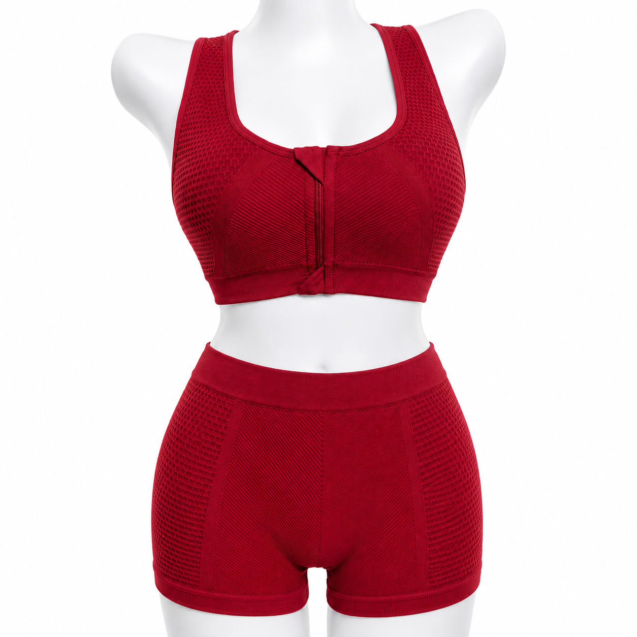 Seamless Textured 2-Piece Workout Set – Front Zip Bra & High-Waist Shorts