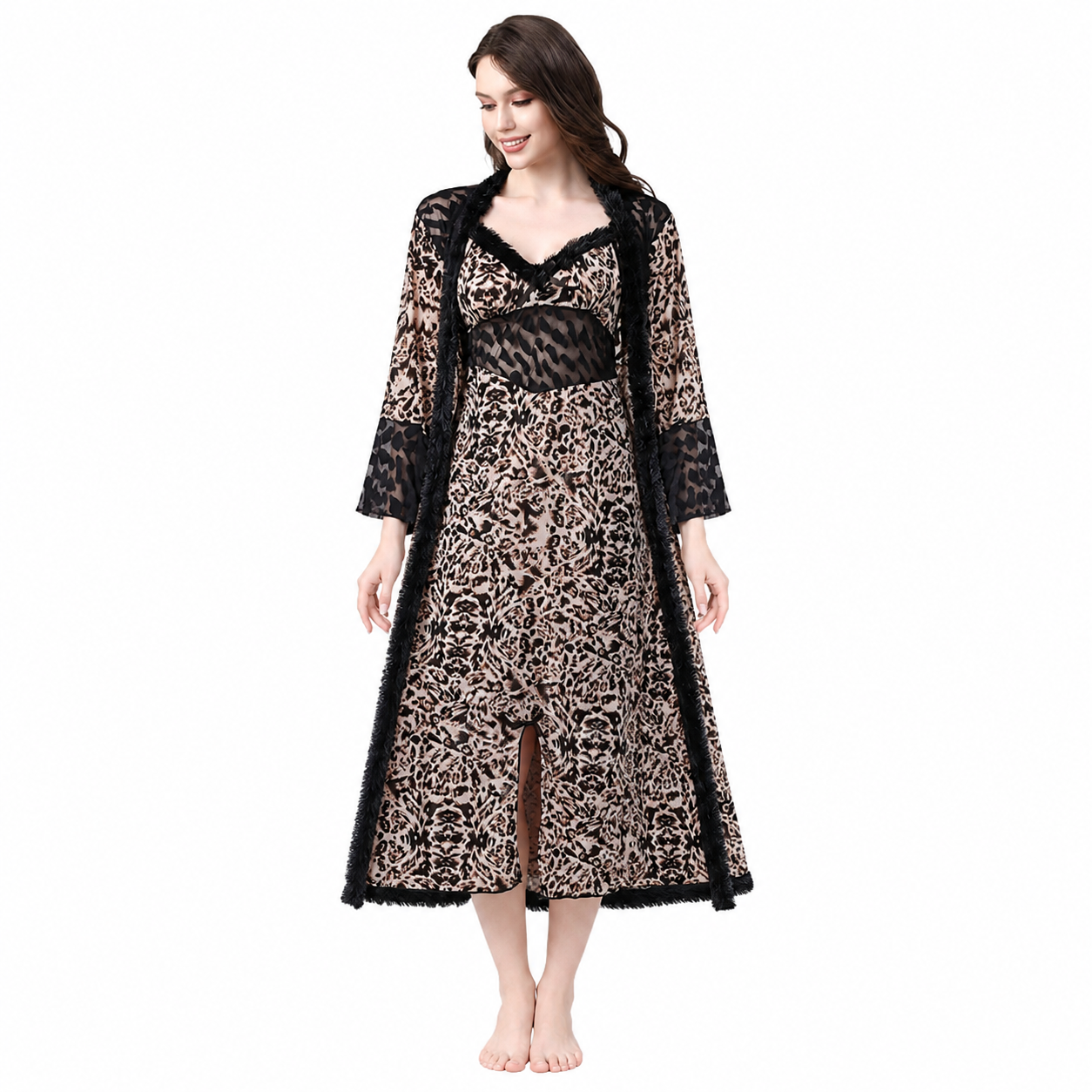 INUNDER Leopard Print Lace Nightwear Gown Set