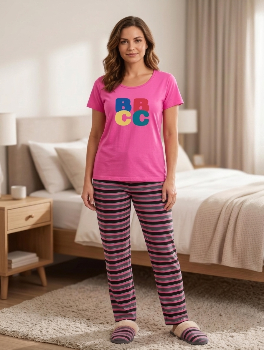 INUNDER Blended Fabric Graphic Stripe 2-Piece PJ Set