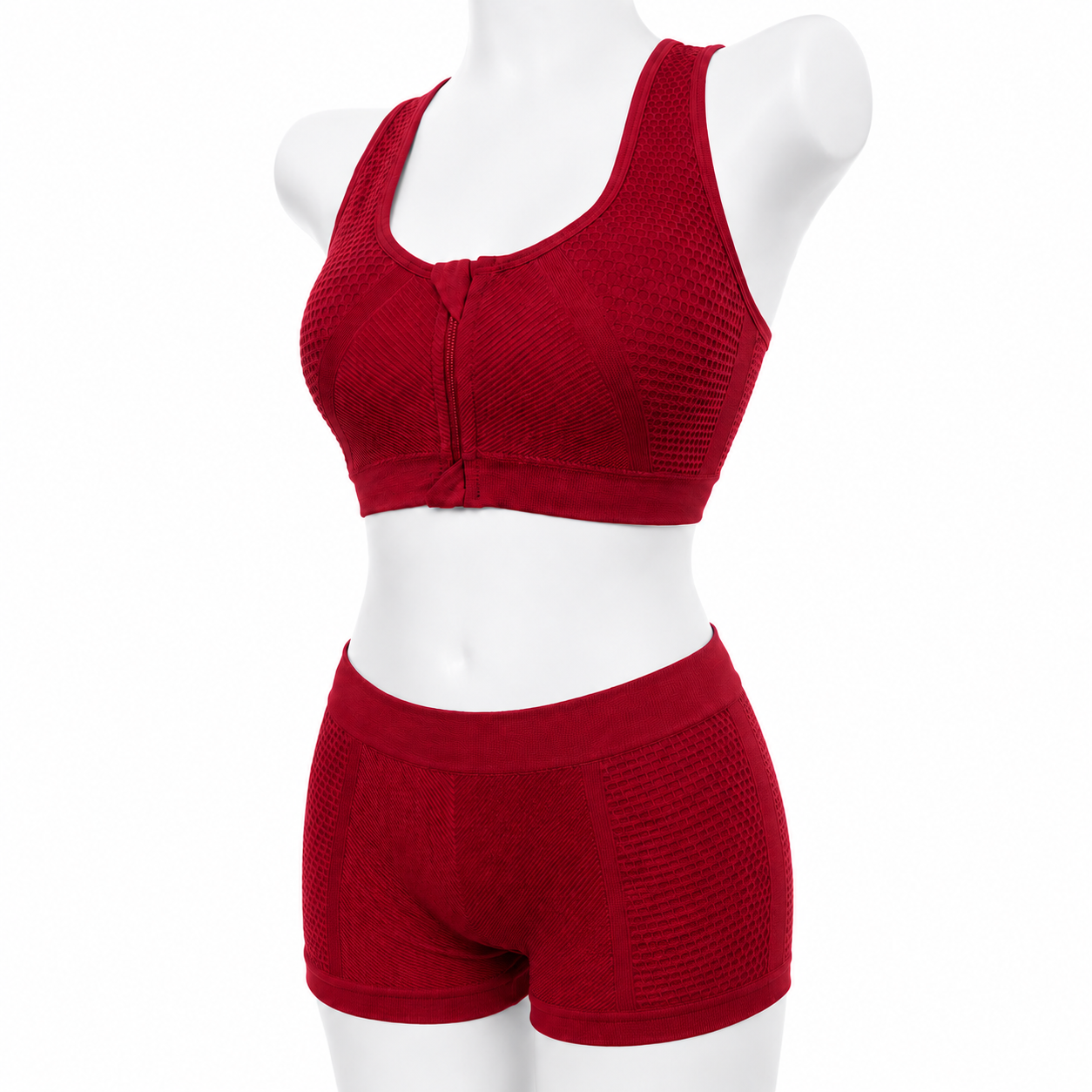 Seamless Textured 2-Piece Workout Set – Front Zip Bra & High-Waist Shorts