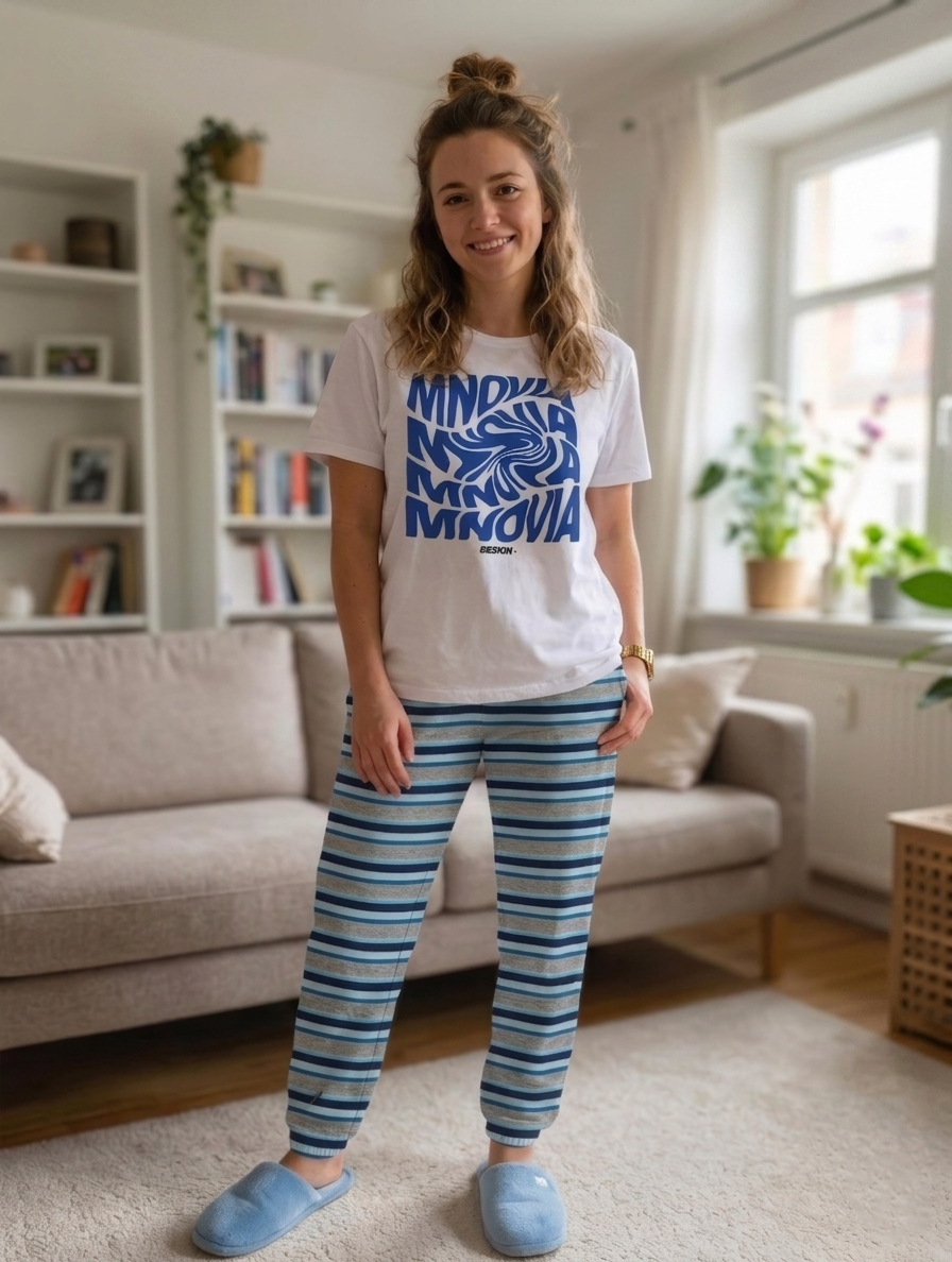 INUNDER Blended Fabric Graphic Stripe 2-Piece PJ Set
