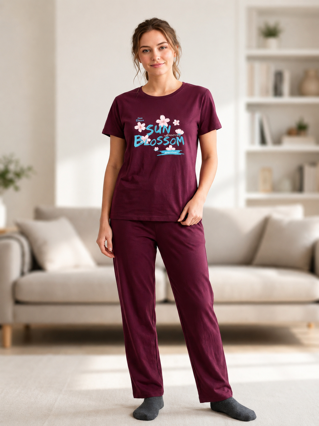 Her Burgundy Blossom Graphic 2-Piece PJ Set