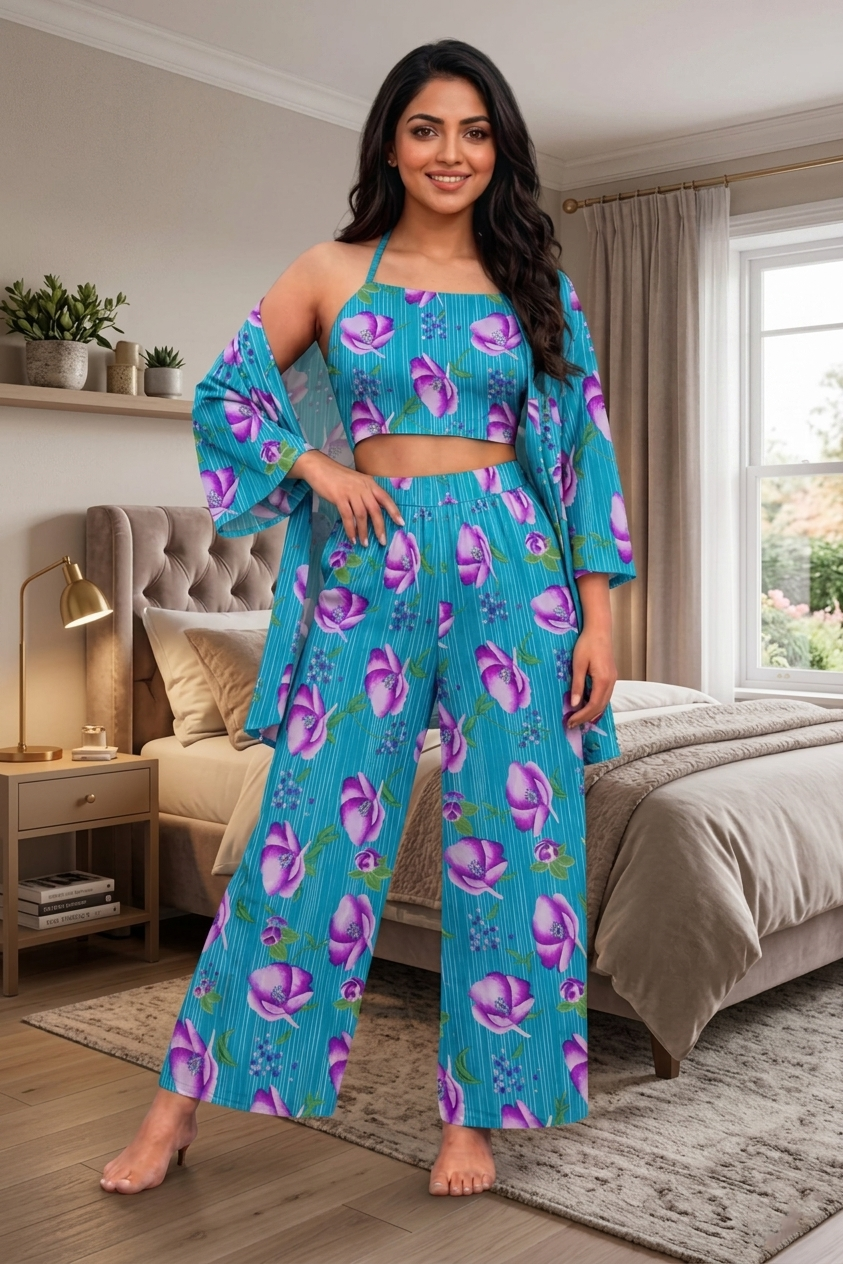 Her Floral Print 3-Piece Stone Linen Nighty Set