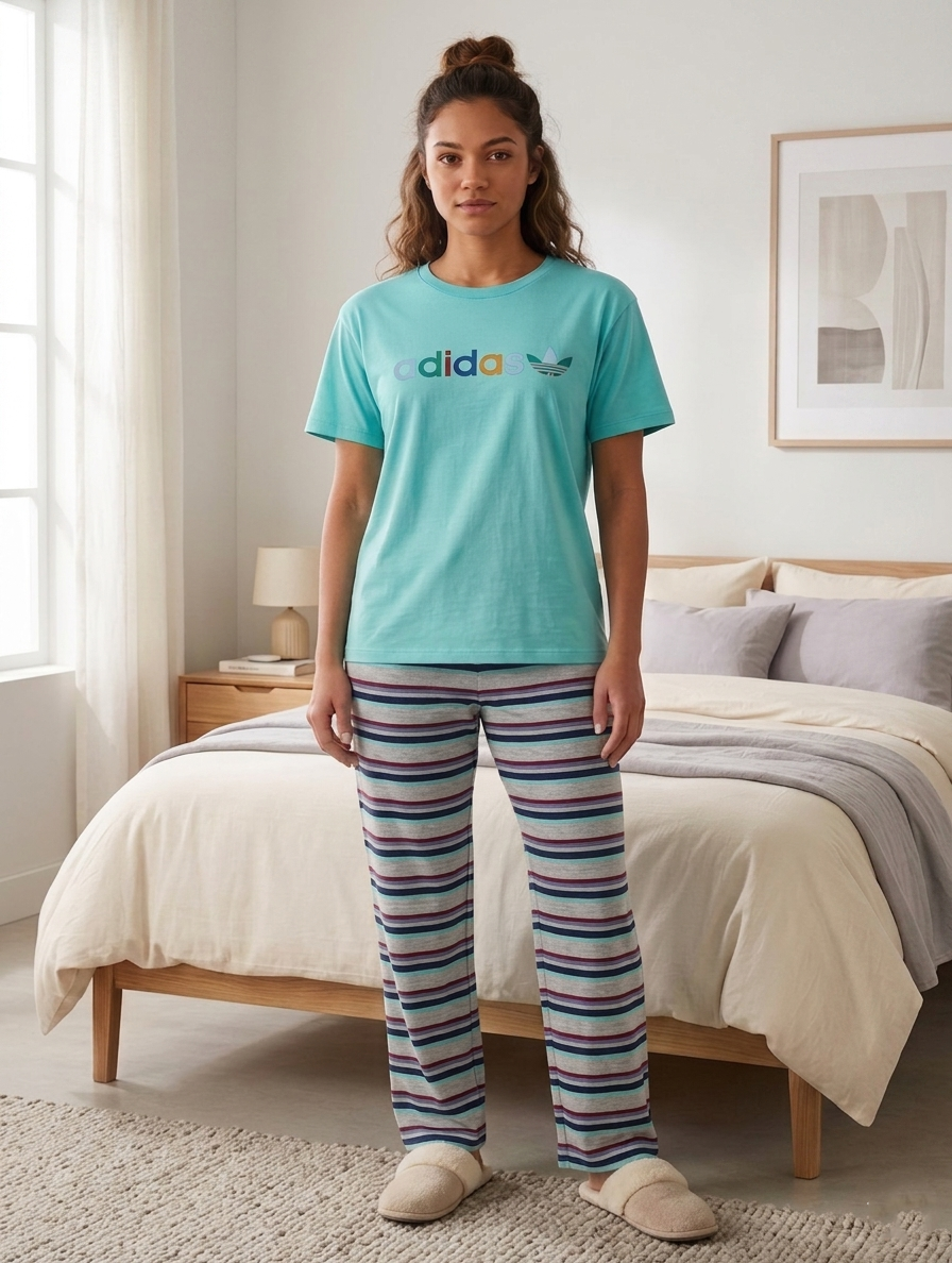 INUNDER Blended Fabric Graphic Stripe 2-Piece PJ Set