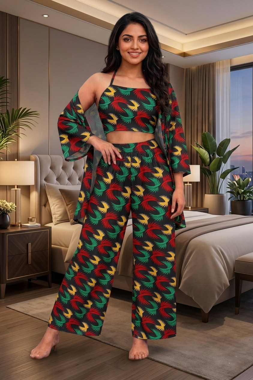 Her Abstract Print 3-Piece Stone Linen Nighty Set