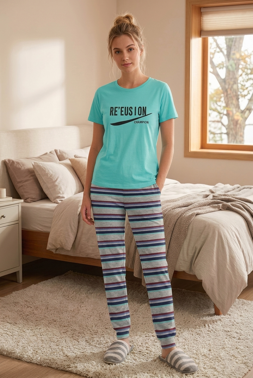 INUNDER Blended Fabric Graphic Stripe 2-Piece PJ Set