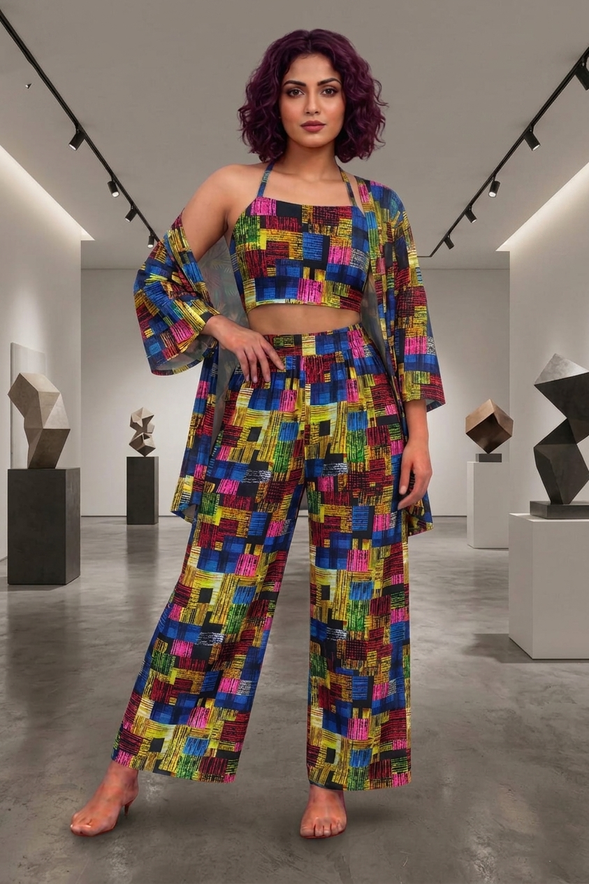 Her Geometric Print 3-Piece Stone Linen Nighty Set