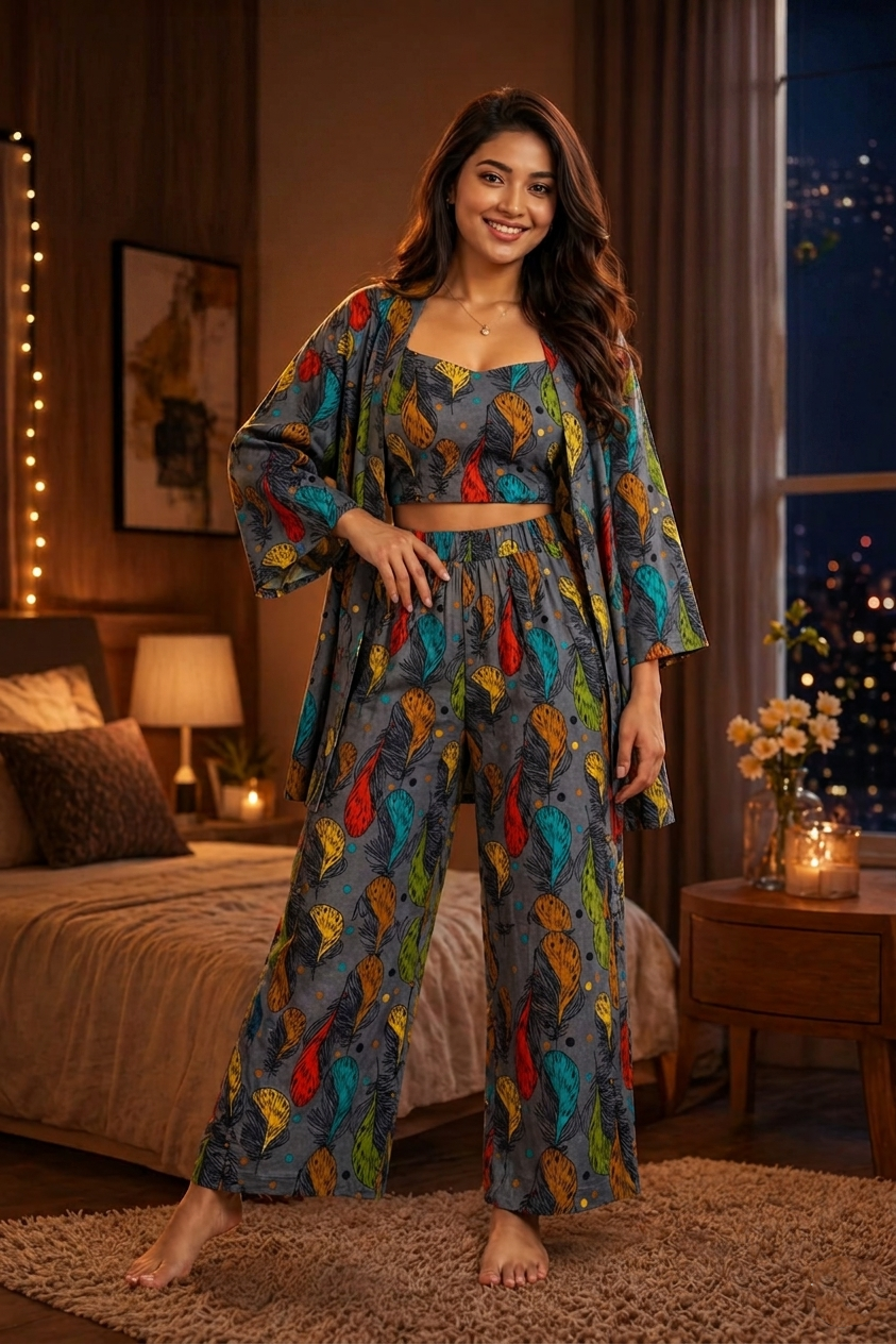 Her Tropical Print 3-Piece  Stone Linen Nighty Set