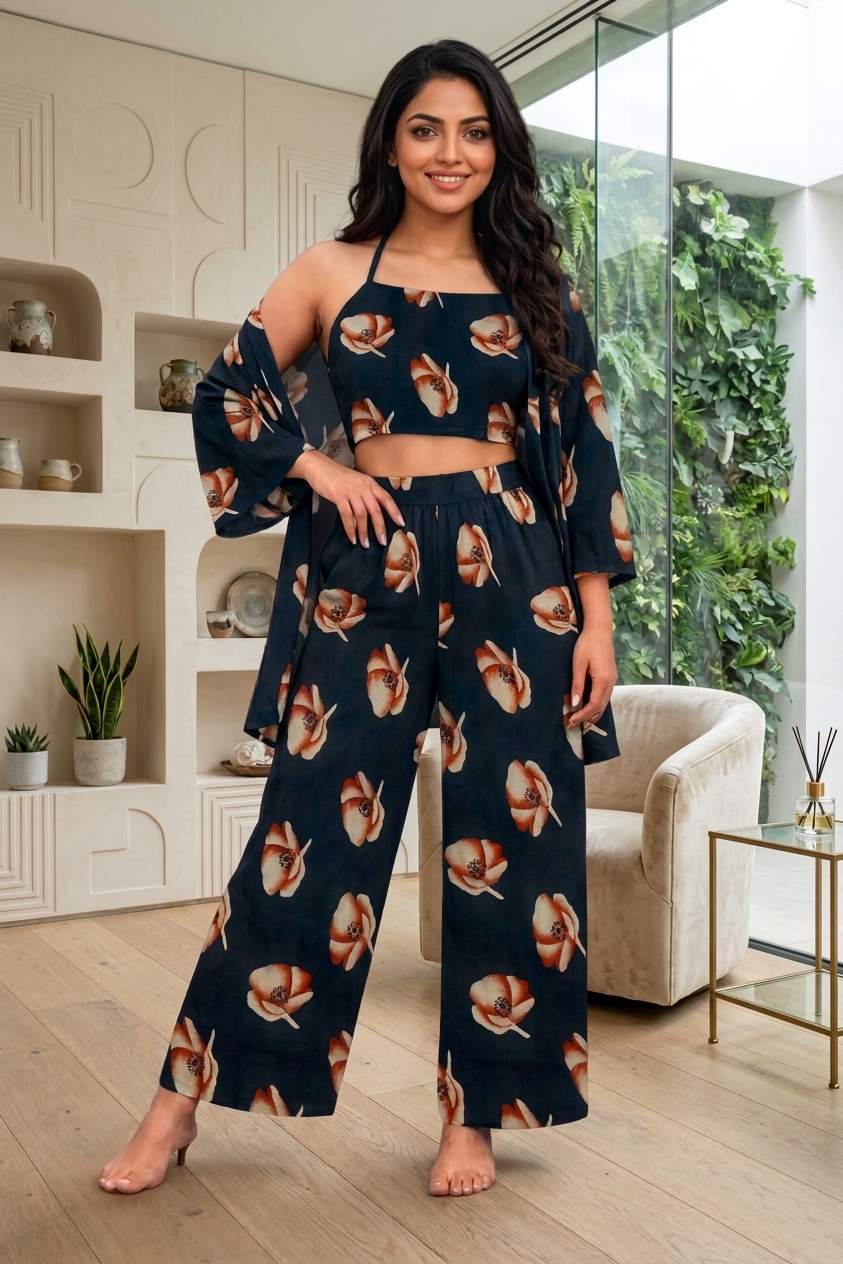 Her Floral Print 3-Piece Stone Linen Nighty Set