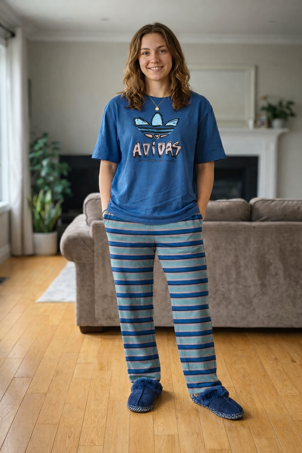 INUNDER Blended Fabric Graphic Stripe 2-Piece PJ Set