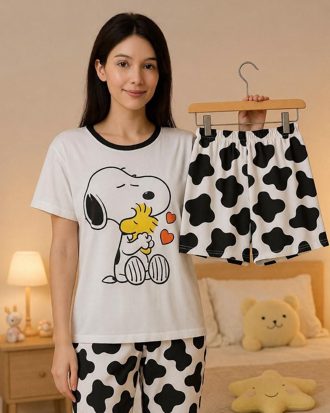 Cartoon Print 3-Piece Pajama Set for Women (T-Shirt + Trouser + Shorts)