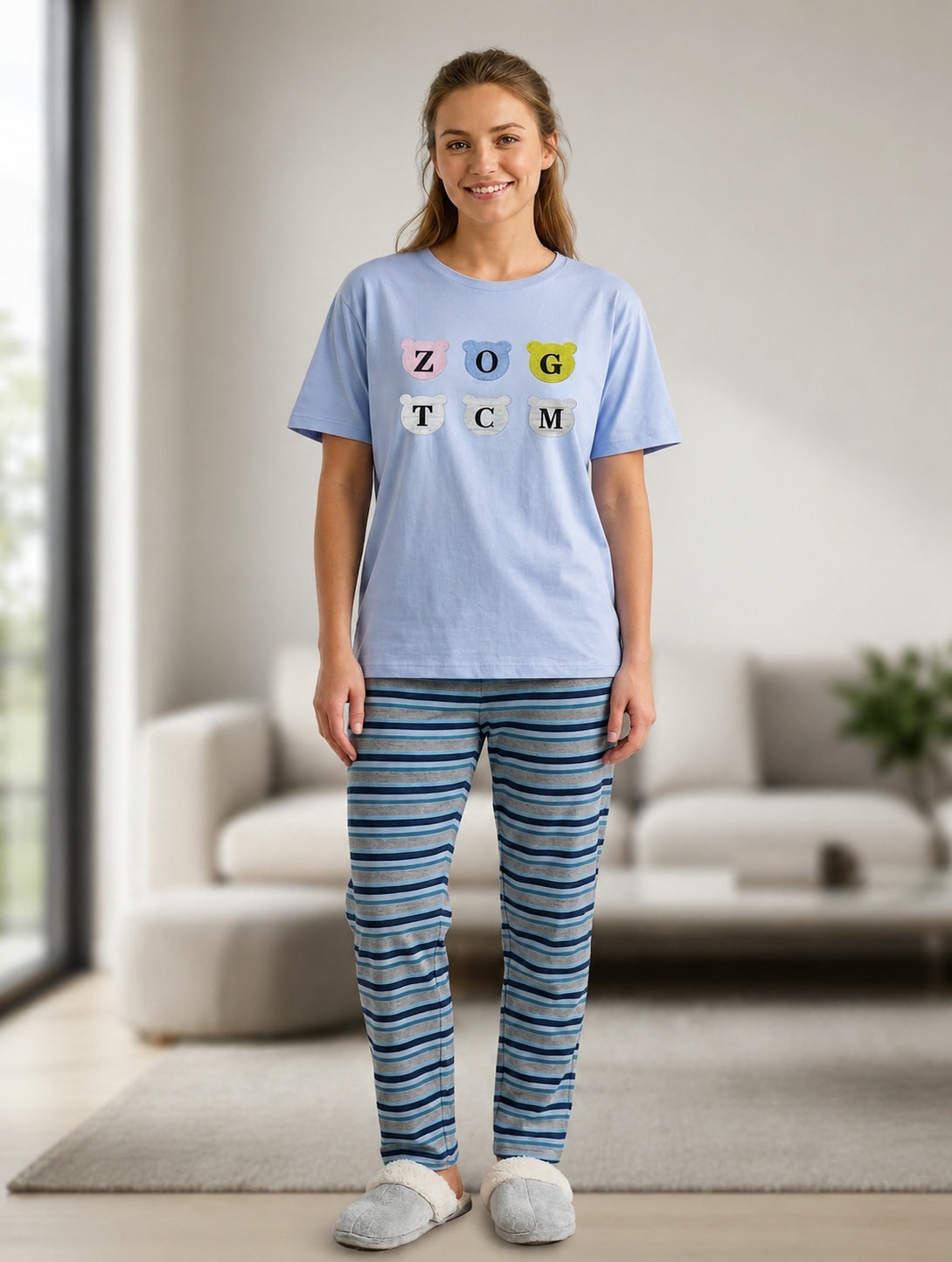 INUNDER Blended Fabric Graphic Stripe 2-Piece PJ Set