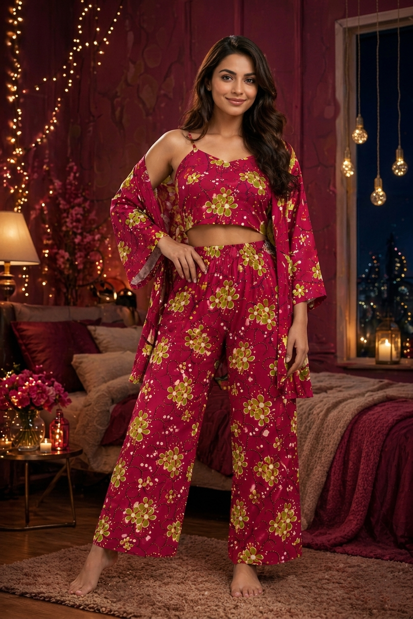 Her Floral 3-Piece Stone Linen Nighty Set