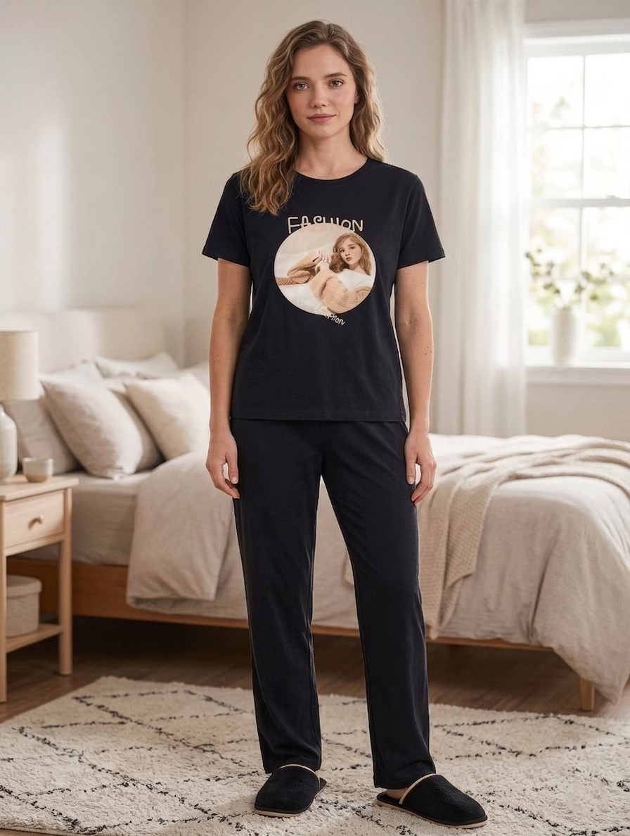 Her Black Fashion Graphic 2-Piece PJ Set