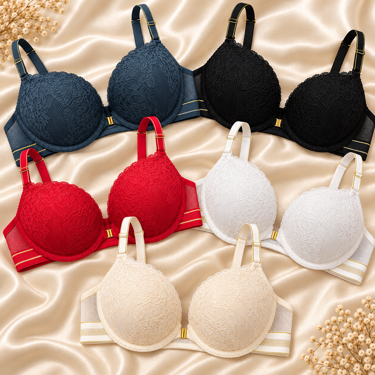INUNDER LaceLift Front-Open Push-Up Bra – Padded Lace & Mesh Support