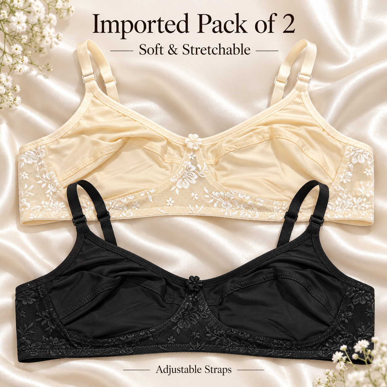Imported Pack of 2 — Floral Net Soft Stretch Bras