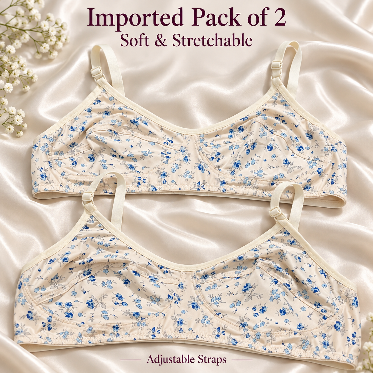 Imported Pack of 2 — Blue Blossom Soft Stretch Bras