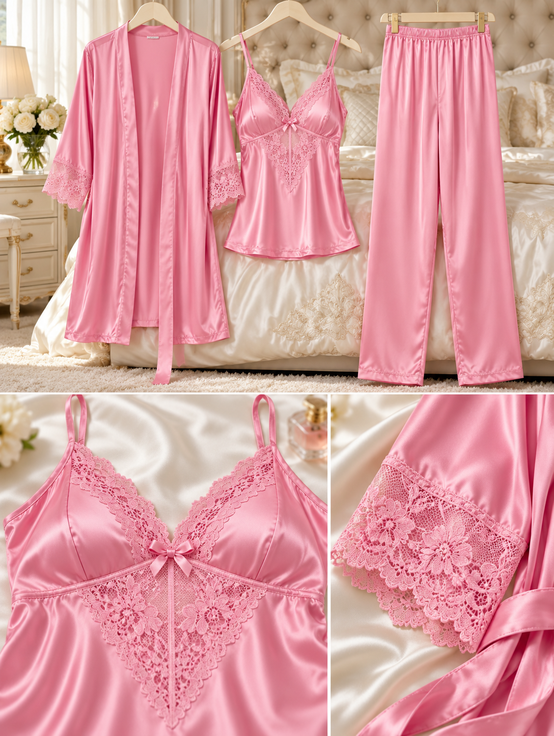Rosé Dream — 3-Piece Silk Satin Nightwear Set