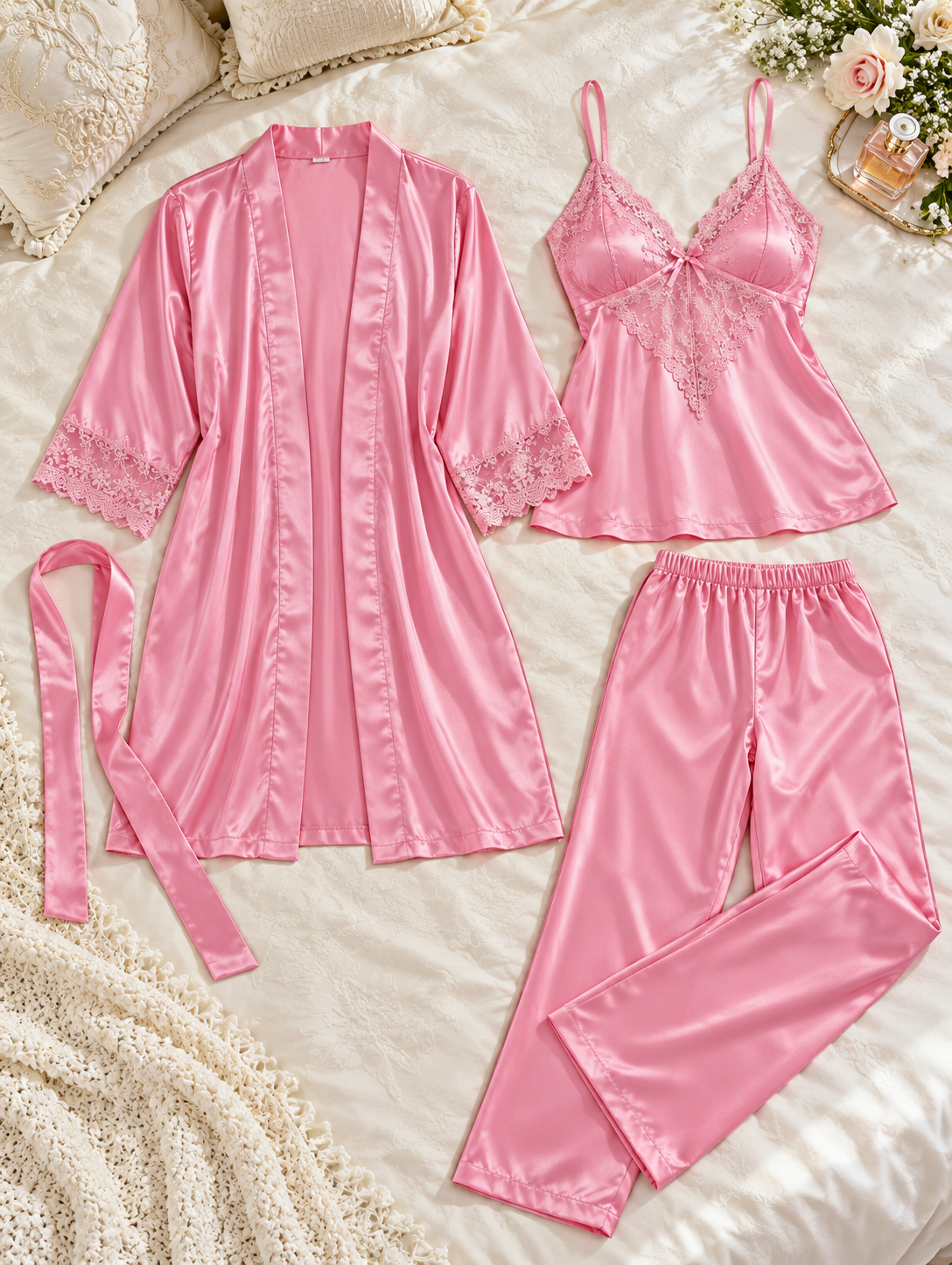 Rosé Dream — 3-Piece Silk Satin Nightwear Set