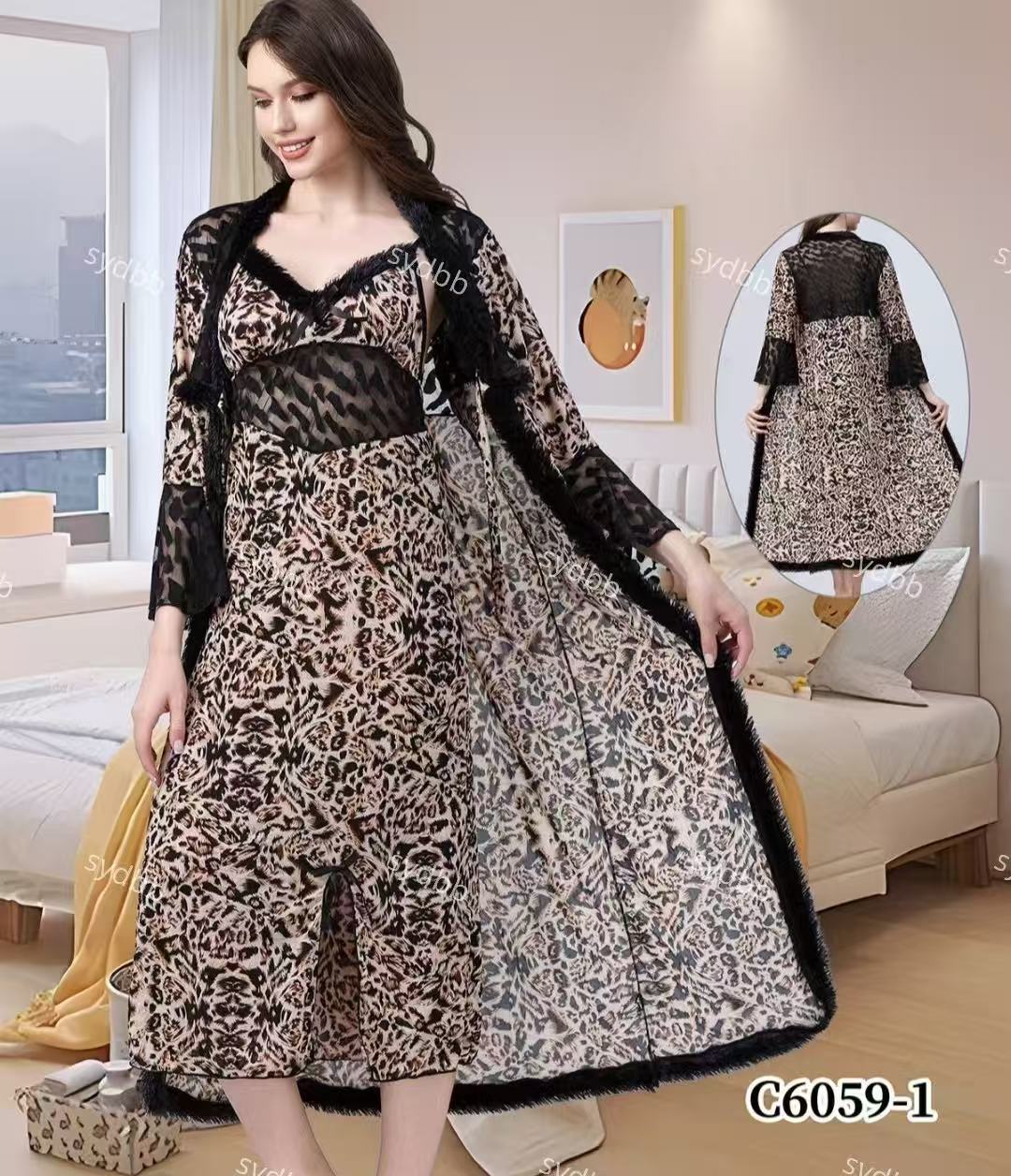 INUNDER Leopard Print Lace Nightwear Gown Set