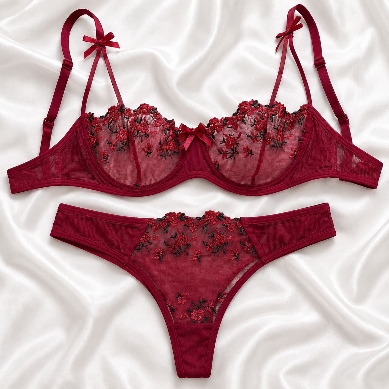 Elodie Floral Embroidered Mesh Bra & Brief Set