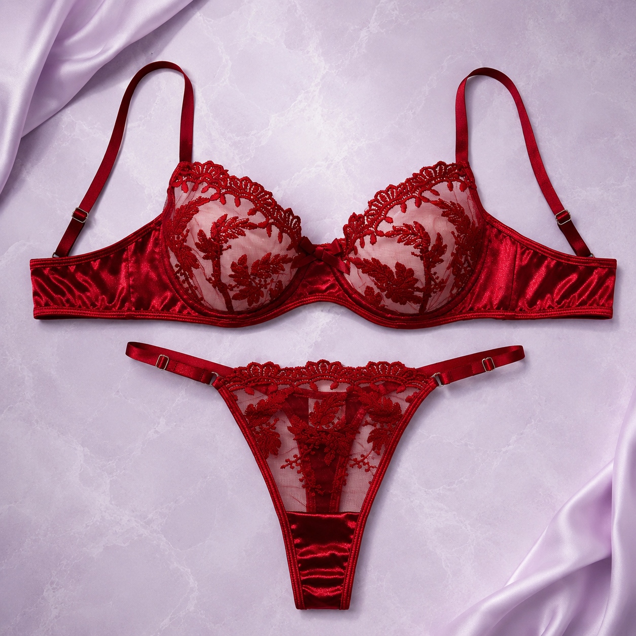 Roselle Satin Floral Embroidery Lingerie Set