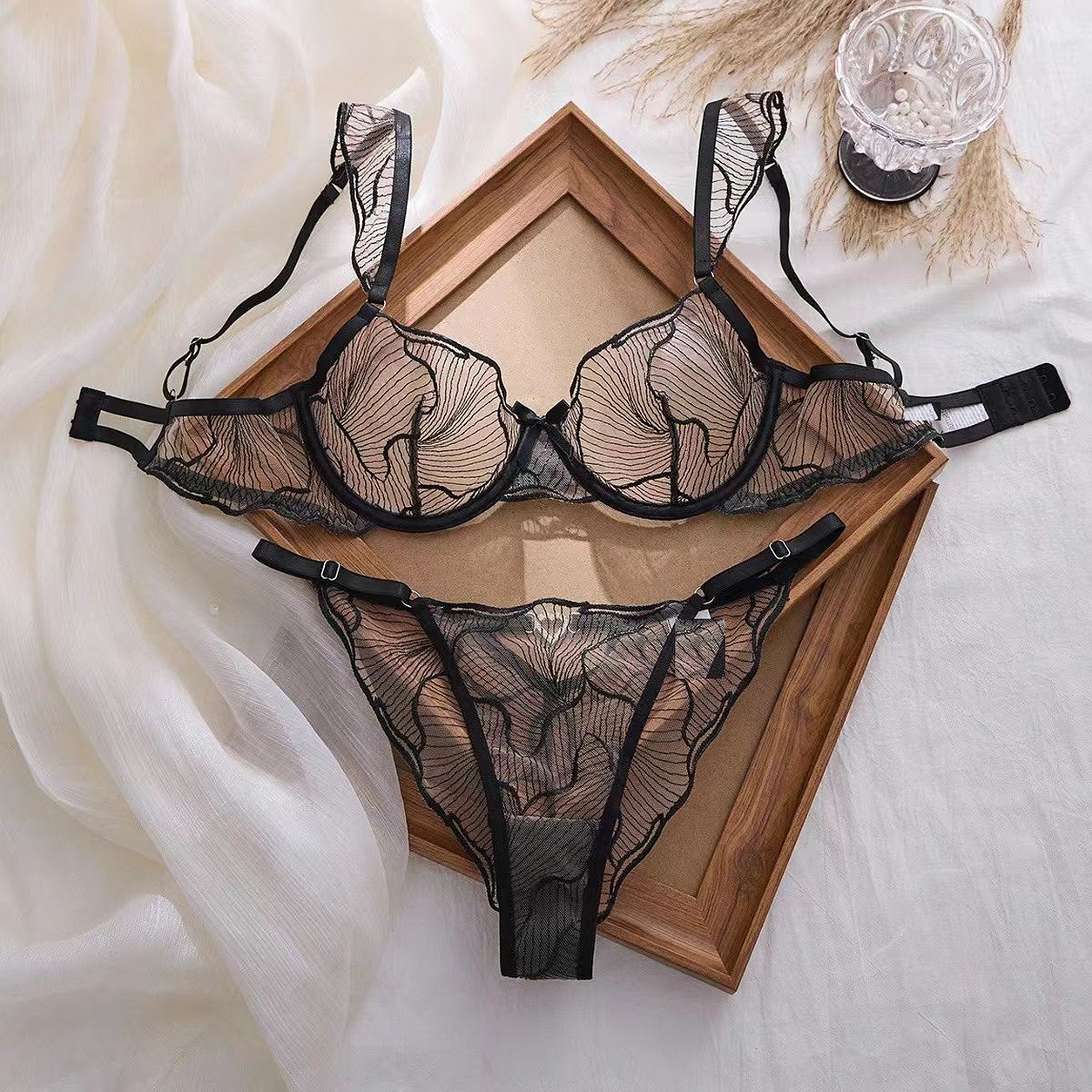 Botanique Embroidered Sheer Lace Bra & Thong Set
