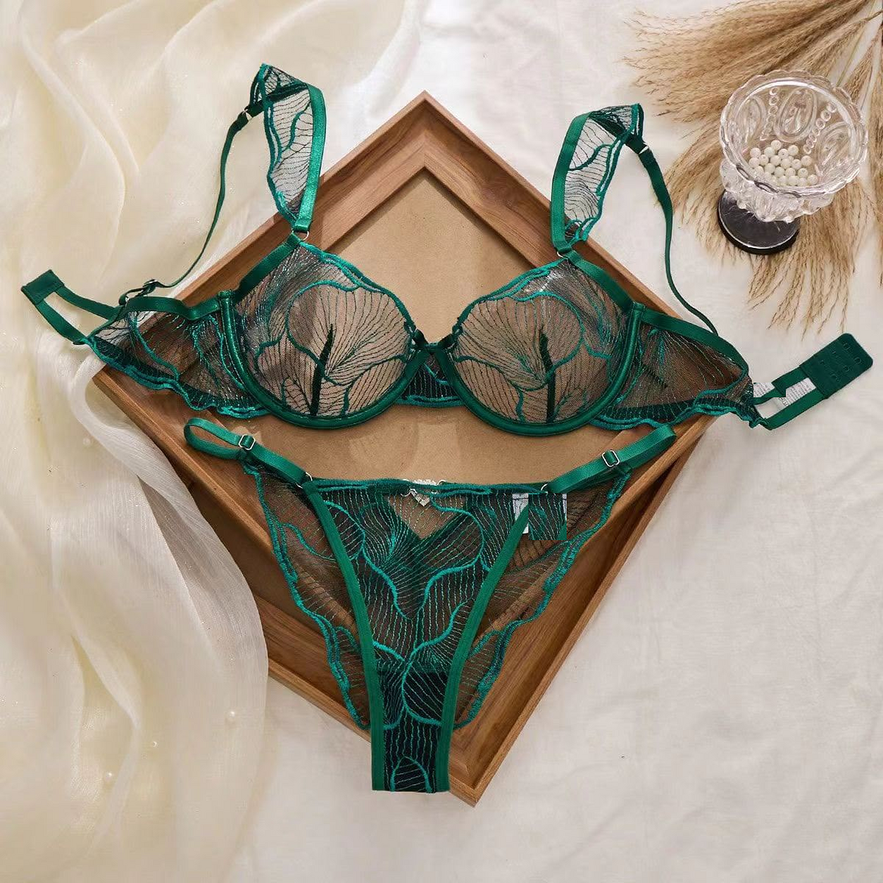 Botanique Embroidered Sheer Lace Bra & Thong Set