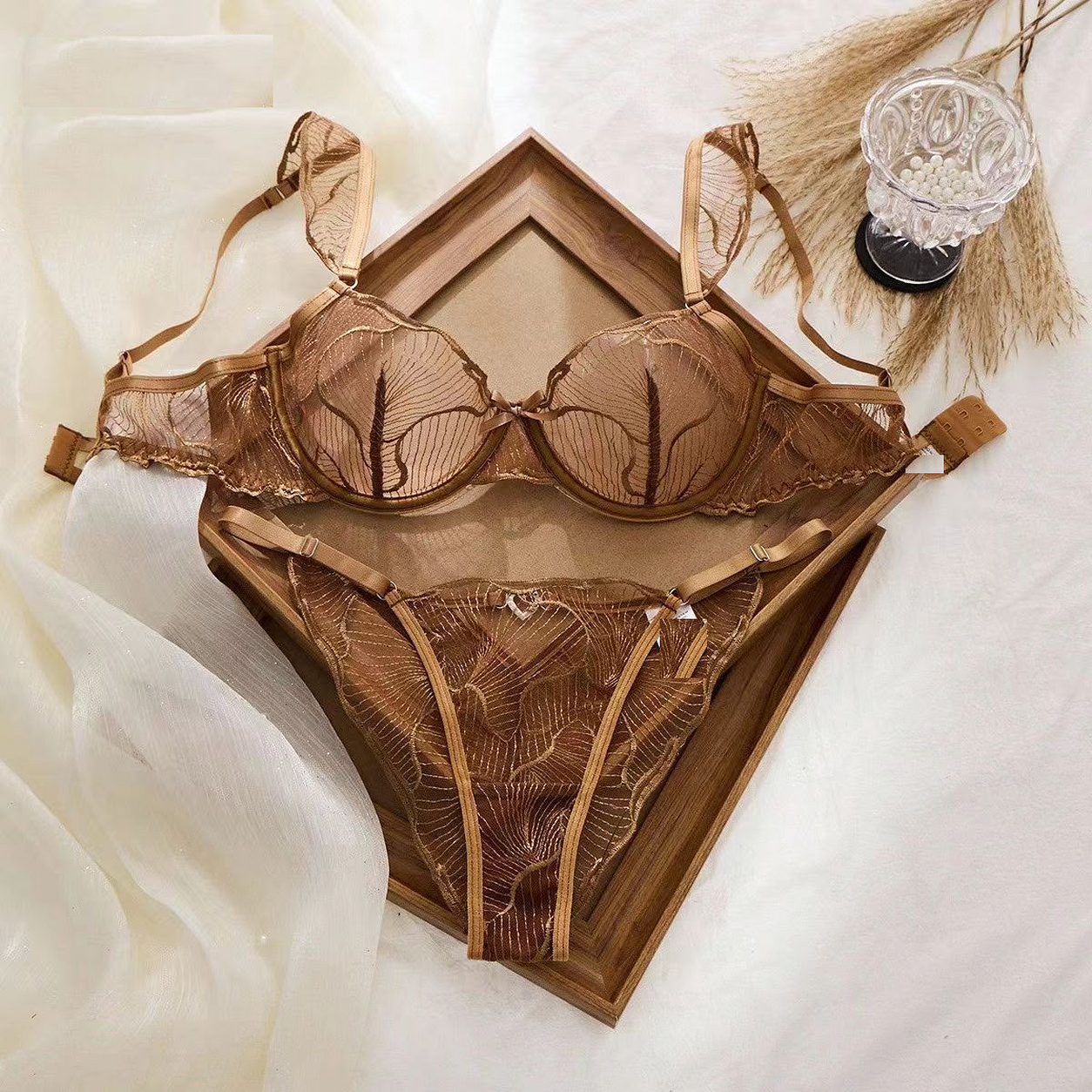 Botanique Embroidered Sheer Lace Bra & Thong Set